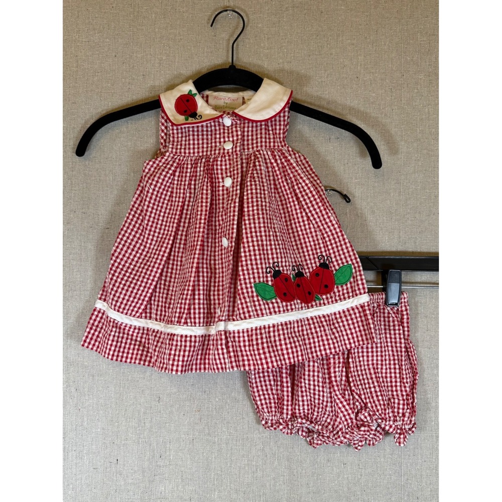 Rare Too Rare Editions Girls 12M Red White Gingham Ladybug Dress Bloomer Set